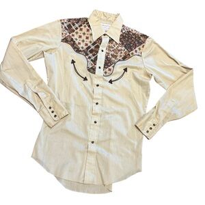 Vintage Wrangler Pearl Snap Western Shirt Mens Medium Cream & Brown